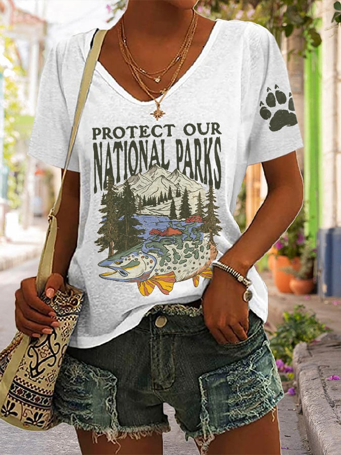 Women's Protect Our National Parks Print V Neck Casual T-Shirt
