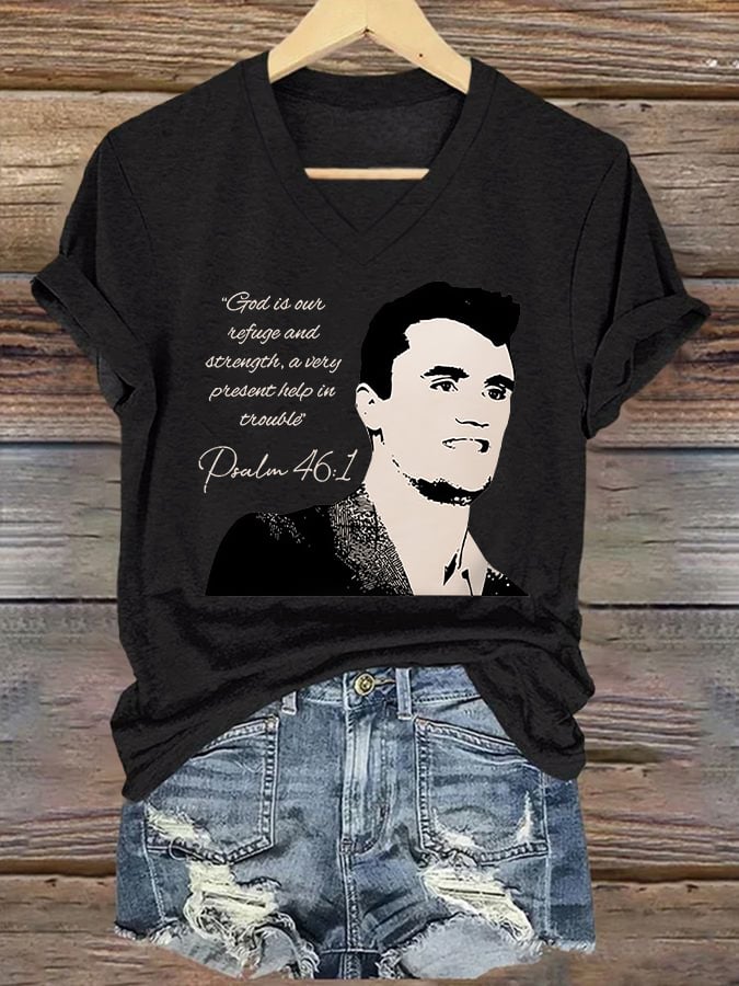 V-Neck Retro God Is Our Refuge And Strength, A Very Present Help In Trouble Psalm 46:1 Print T-Shirt