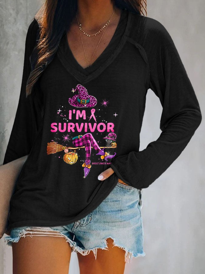 Breast Cancer Awareness I'M Survivor Halloween Witch Print T-Shirt