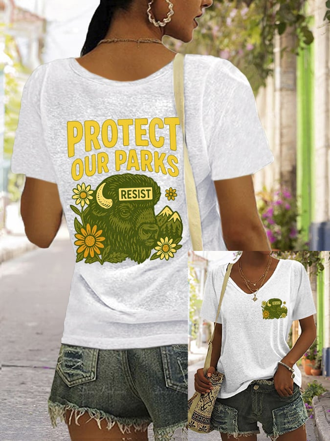 Women's Protect Our National Parks Print V Neck Casual T-Shirt
