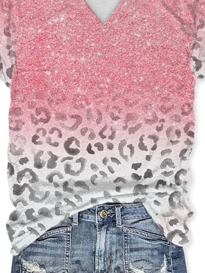 Pink Sequined Leopard Print T-Shirt