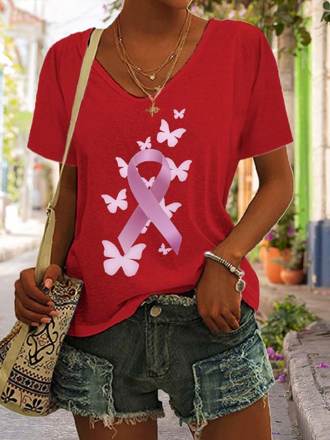 Women's Butterfly Breast Cancer Print Loose Short Sleeve T-Shirt