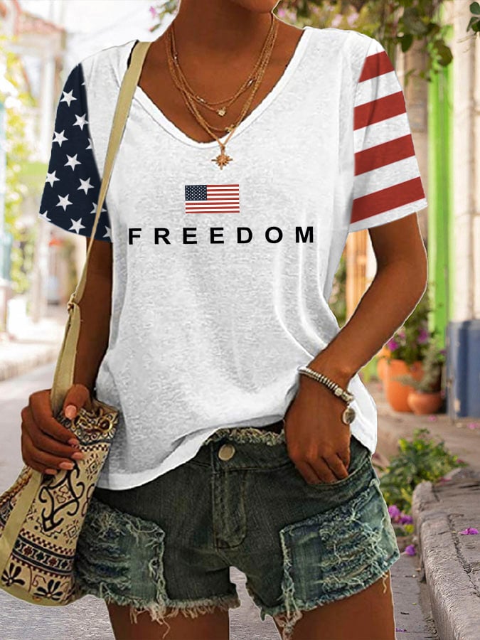 Women's Freedom American Flag Print Casual T-Shirt
