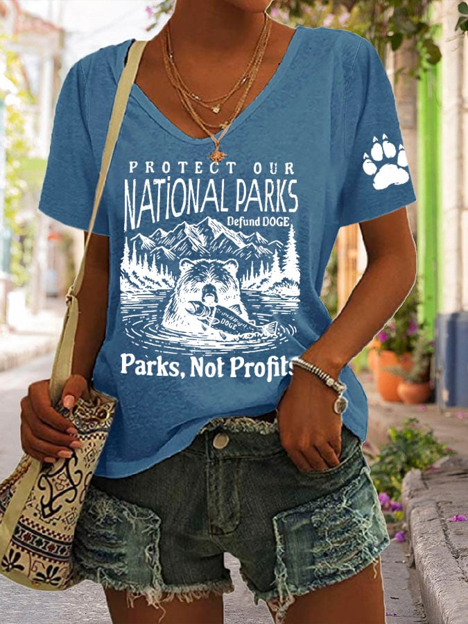 Women's Protect Our National Parks Print V Neck Casual T-Shirt