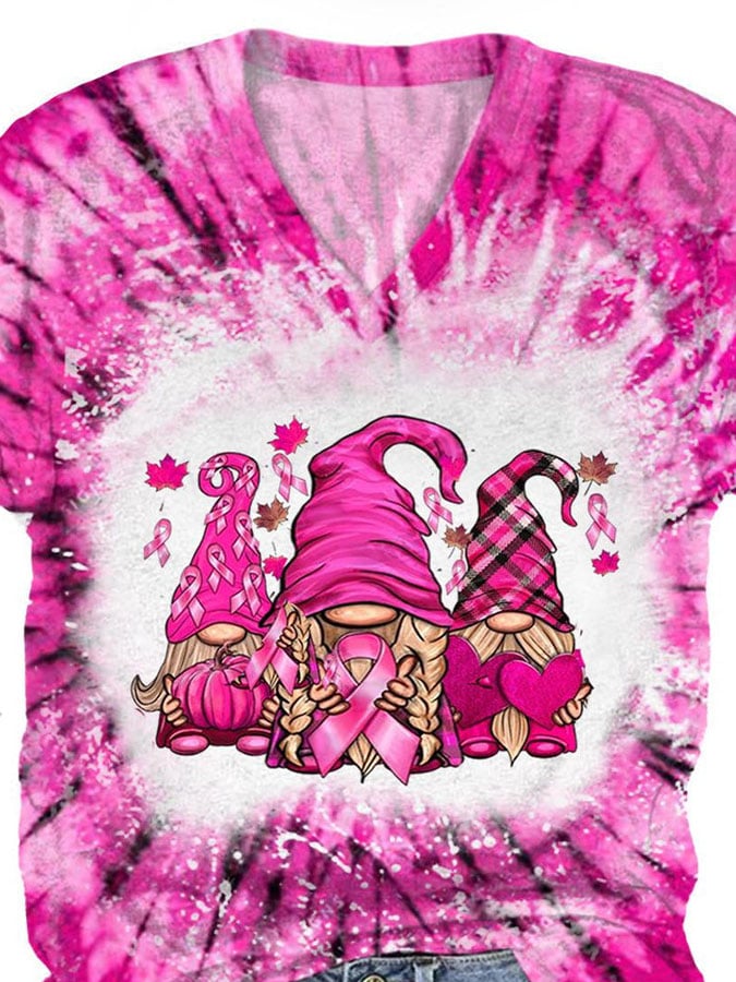 V-Neck Breast Cancer Awareness Tie Dye Gnomes Print T-Shirt
