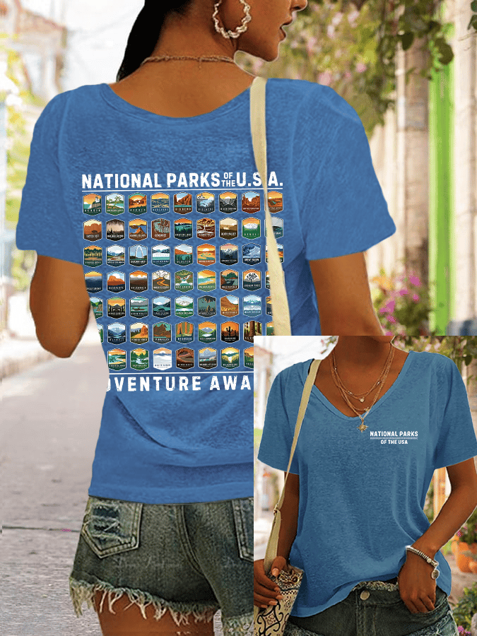 Women's National Parks Of The USA Printed V-Neck T-Shirt