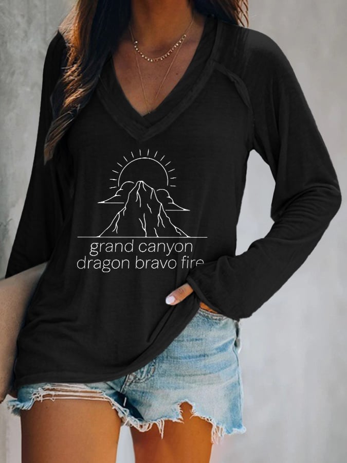 V-neck Retro Grand Canyon Dragon Bravo Fire Grand Canyon Lodge North Rim Fire Print T-Shirt