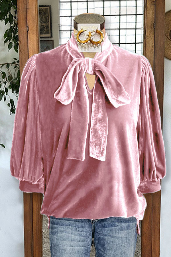 Velvet Puff Sleeves Knotted Neckline Blouse
