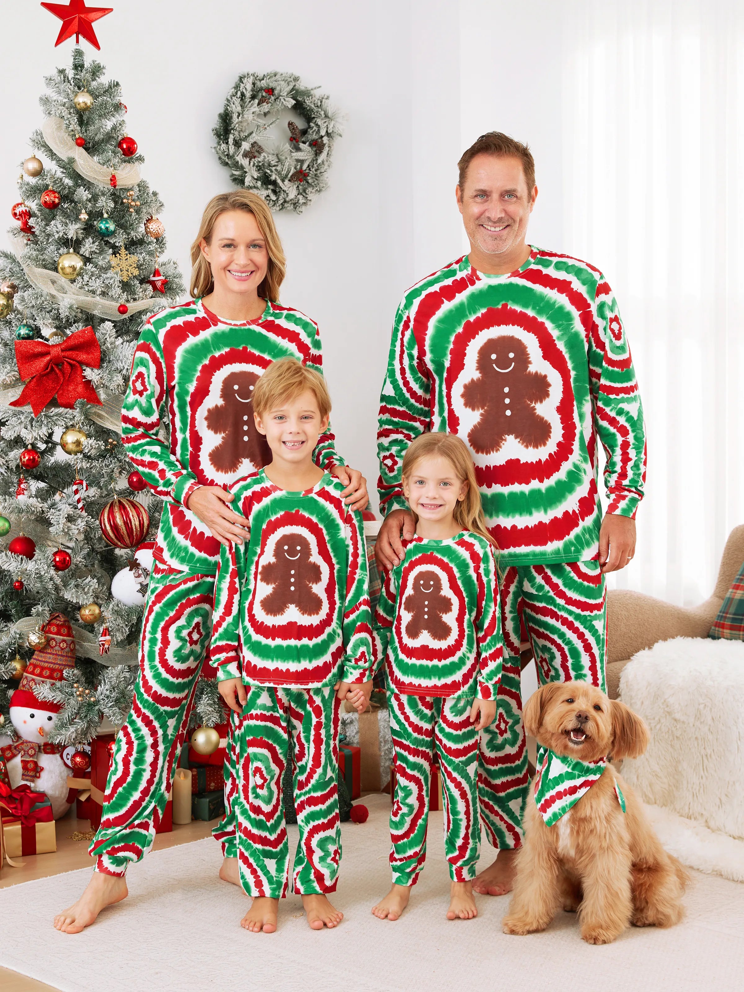 Christmas Family Red&Green Tie-Dye Gingerbread Man Pajamas Sets with Christmas Socks MultiColour