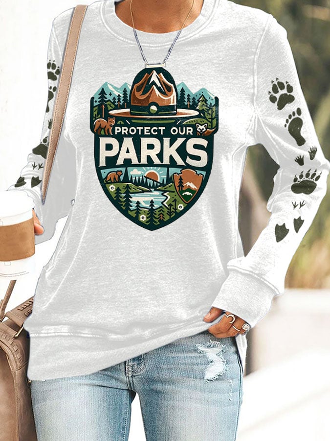 Women's Protect Our National Parks Print Round Neck Sweatshirt
