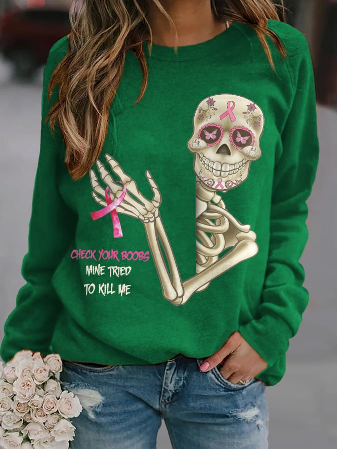Skeleton Pink Ribbon Print Sweatshirt
