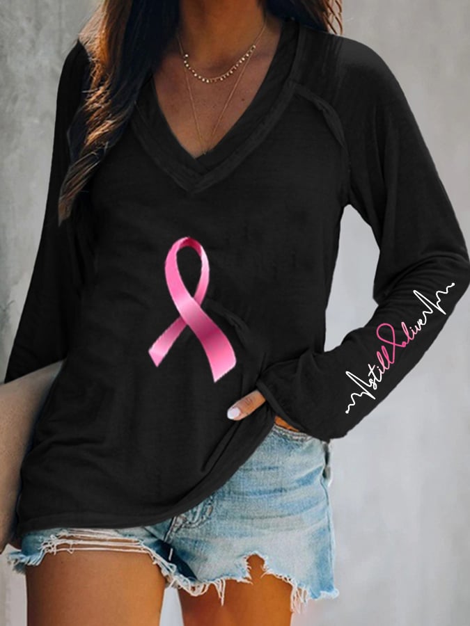 Breast Cancer Still Alive V Neck Long Sleeve Casual T-Shirt
