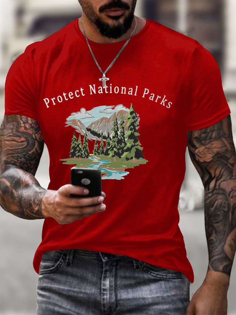 Men'S Retro Protect Our National Parks Printed Casual Crew Neck T-Shirt
