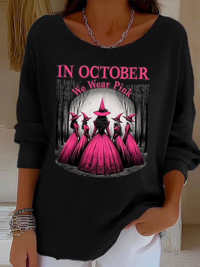 Women's casual October we wear pink ribbed long-sleeved top