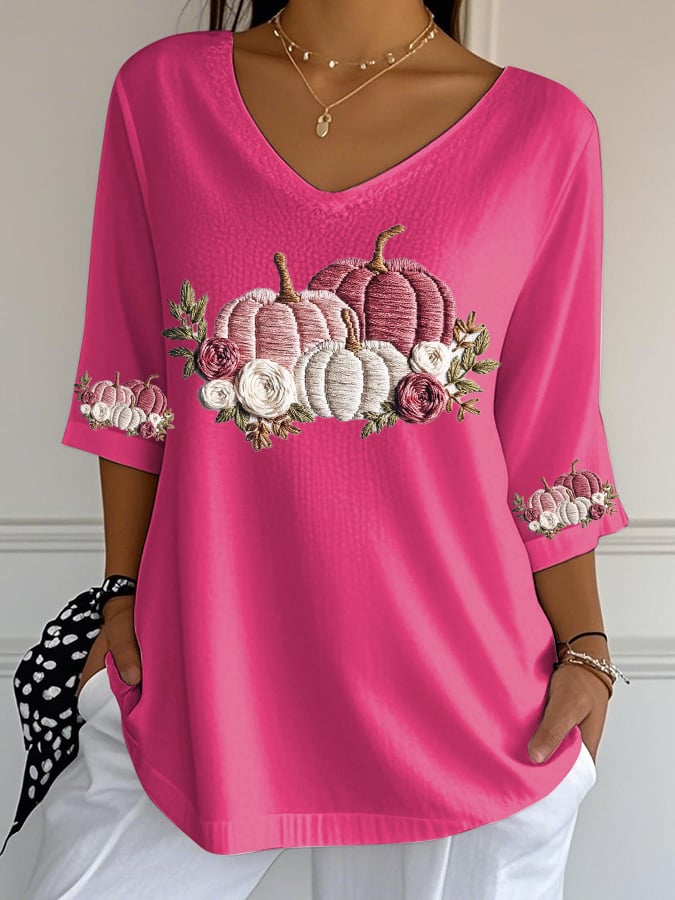 Women's Casual Autumn Pumpkin Bubble Wrinkle Top