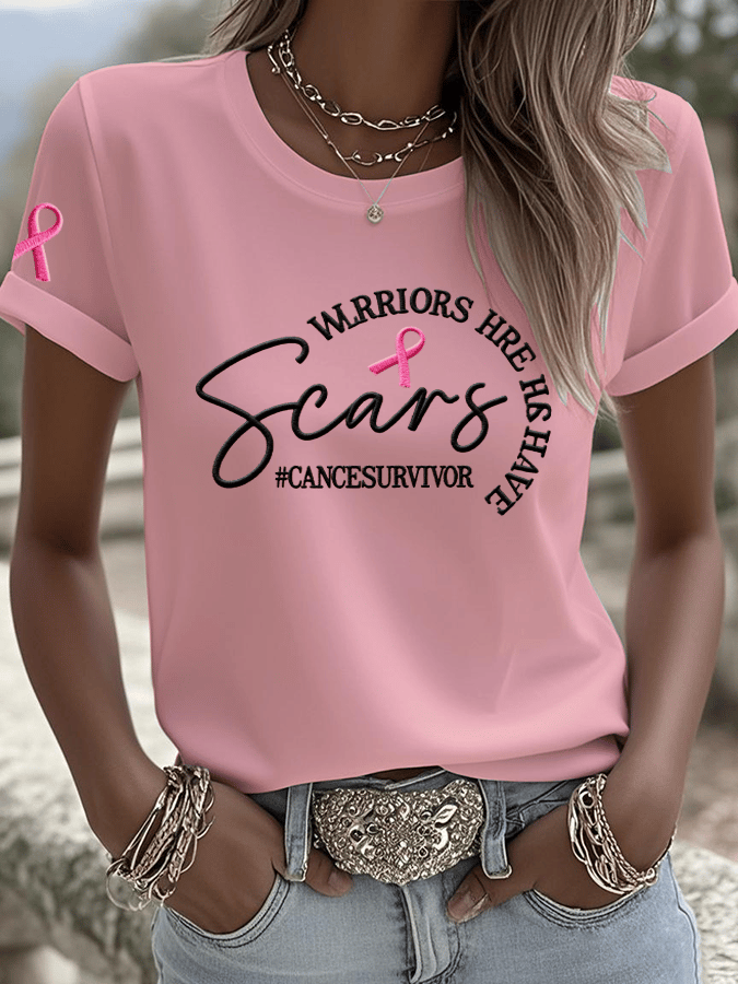 Women's Breast Cancer Awareness All Warriors Have Scars Printed Crew Neck T-Shirt