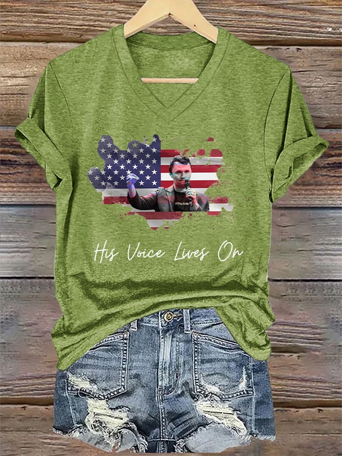 V-Neck Retro His Voice Lives On Print T-Shirt