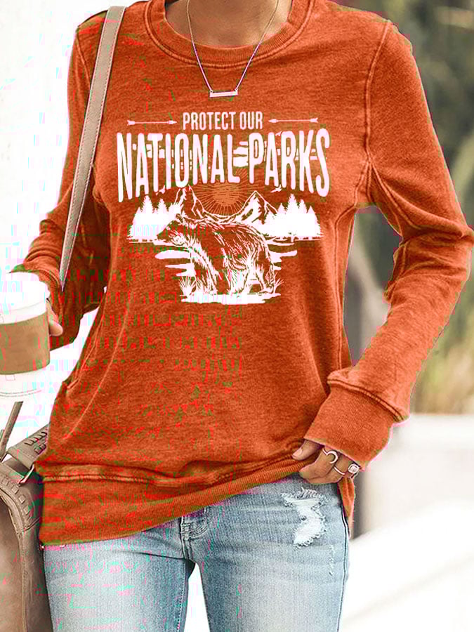 Women's Protect Our National Parks Print Round Neck Sweatshirt