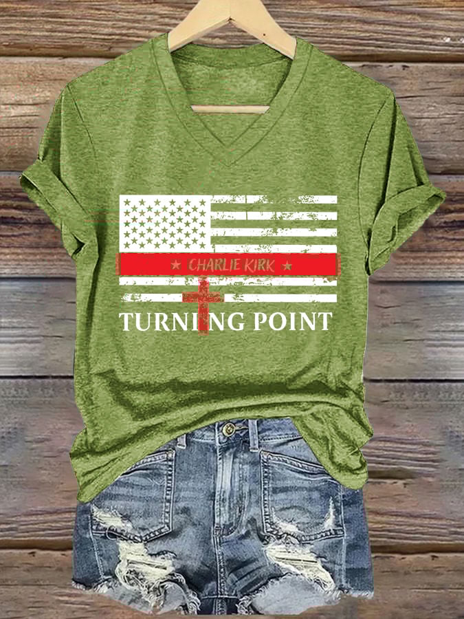 V-Neck Retro Faith Flag Cross America This Is The Turning Point Print T-Shirt