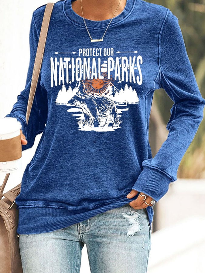 Women's Protect Our National Parks Print Round Neck Sweatshirt
