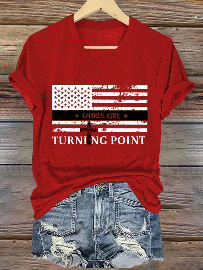 V-Neck Retro Faith Flag Cross America This Is The Turning Point Print T-Shirt