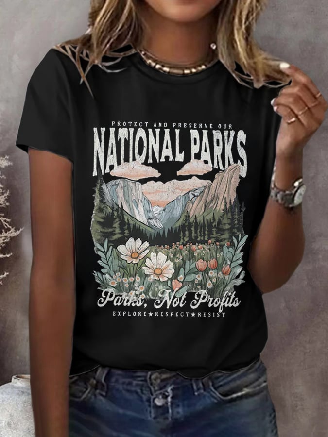 Women's Protect Our National Parks Print Round Neck T-Shirt