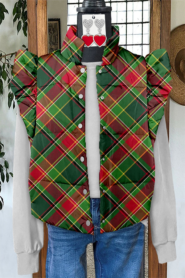 Classic Festive Christmas Plaid Print Ruffle Vest