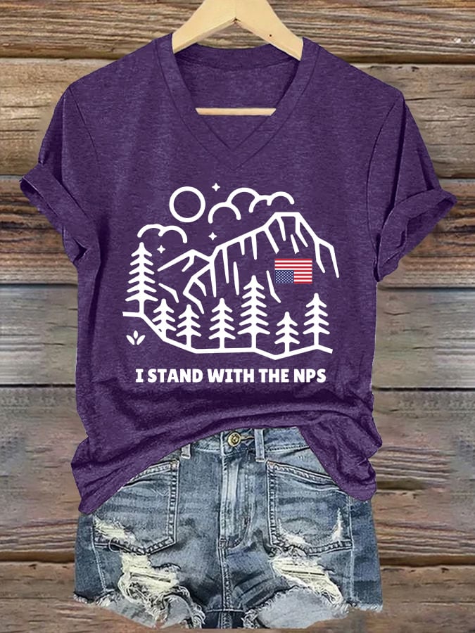 V-neck Retro I Stand With The NPS National Park Support Print T-Shirt