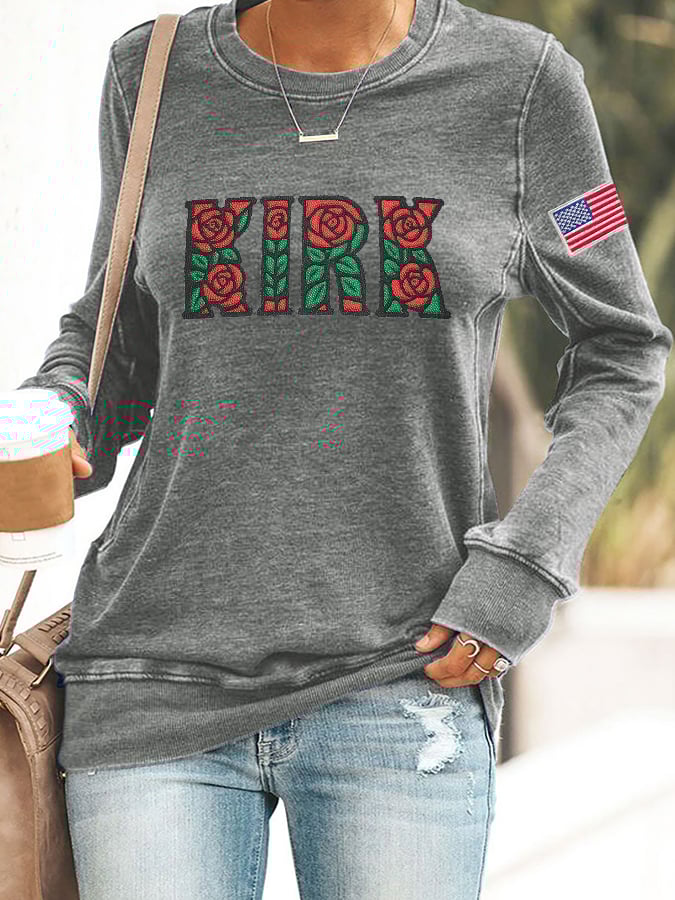 Women's Rose Print Round Neck Sweatshirt
