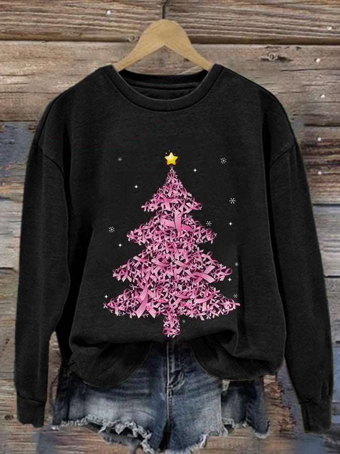 Retro Breast Cancer Awareness Pink Christmas Tree Ribbons Print Sweatshirt