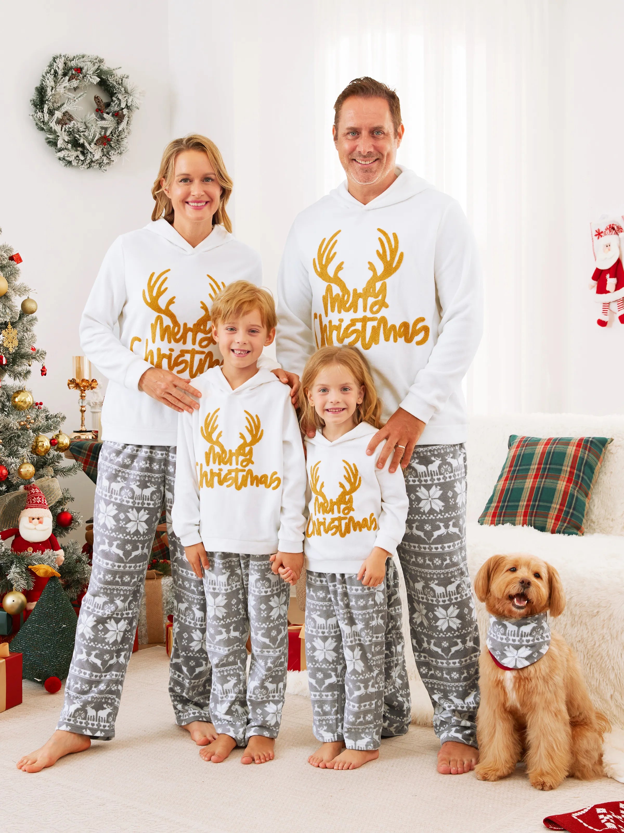 Christmas Family Matching Letters Embroidered Long-sleeve Hooded Fleece Pajamas Sets with Christmas Socks White