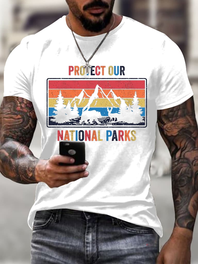 Men'S Retro Protect Our National Parks Printed Casual Crew Neck T-Shirt
