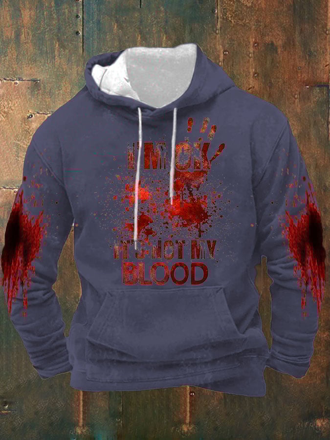 Men's I'M Ok It'S Not My Blood Halloween Printed Hooded Sweatshirt