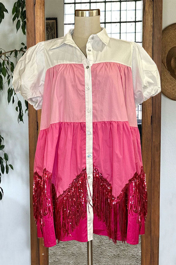 Shimmery Sequin Fringe Shirt Neck Dress