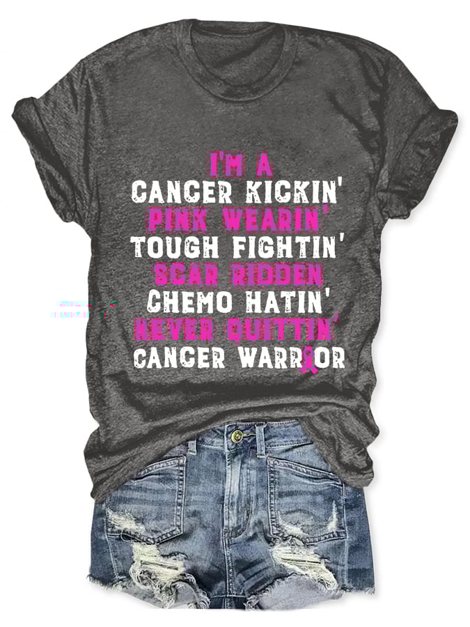 Breast Cancer Awareness Cancer Kickin' Chemo Hatin' Warrior Print T-Shirt