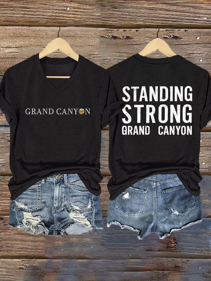 V-Neck Retro Standing Strong Grand Canyon Print T-Shirt