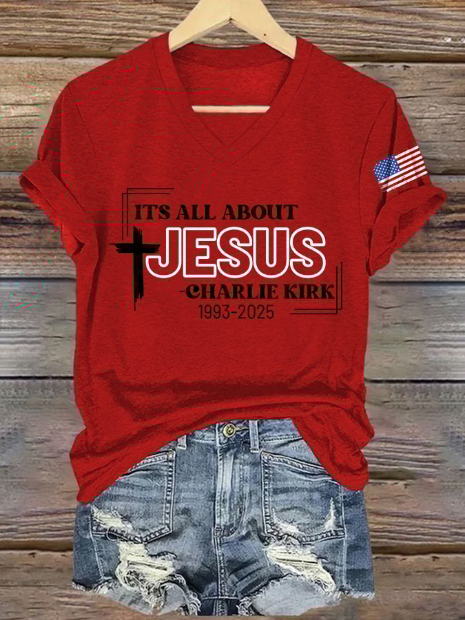 V-Neck Retro It's All About Jesus Print T-Shirt