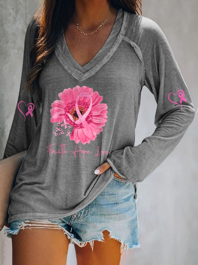 Women's Breast Cancer Floral Long Sleeve V Neck T-Shirt