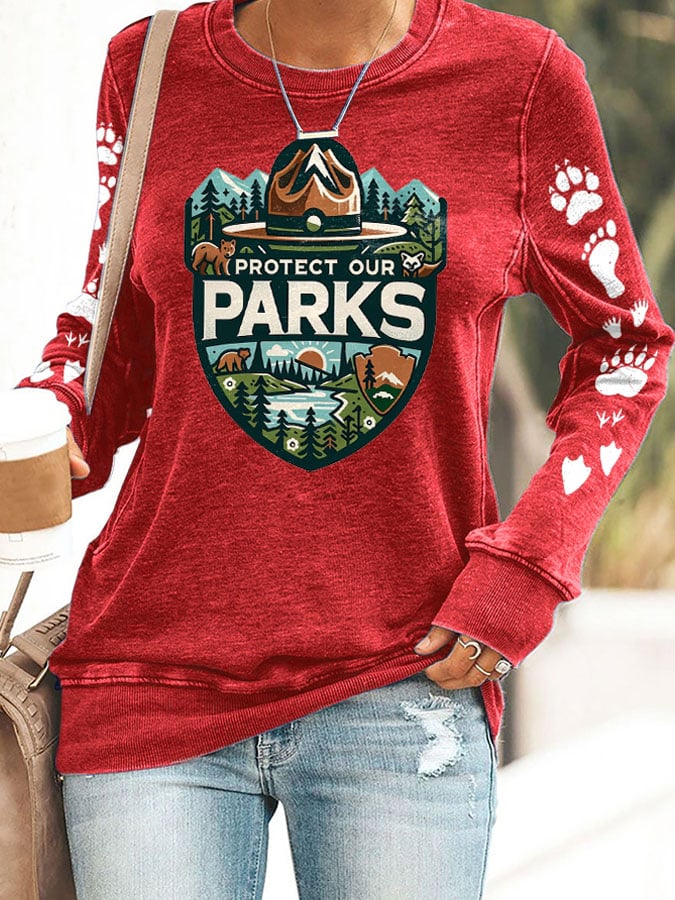 Women's Protect Our National Parks Print Round Neck Sweatshirt
