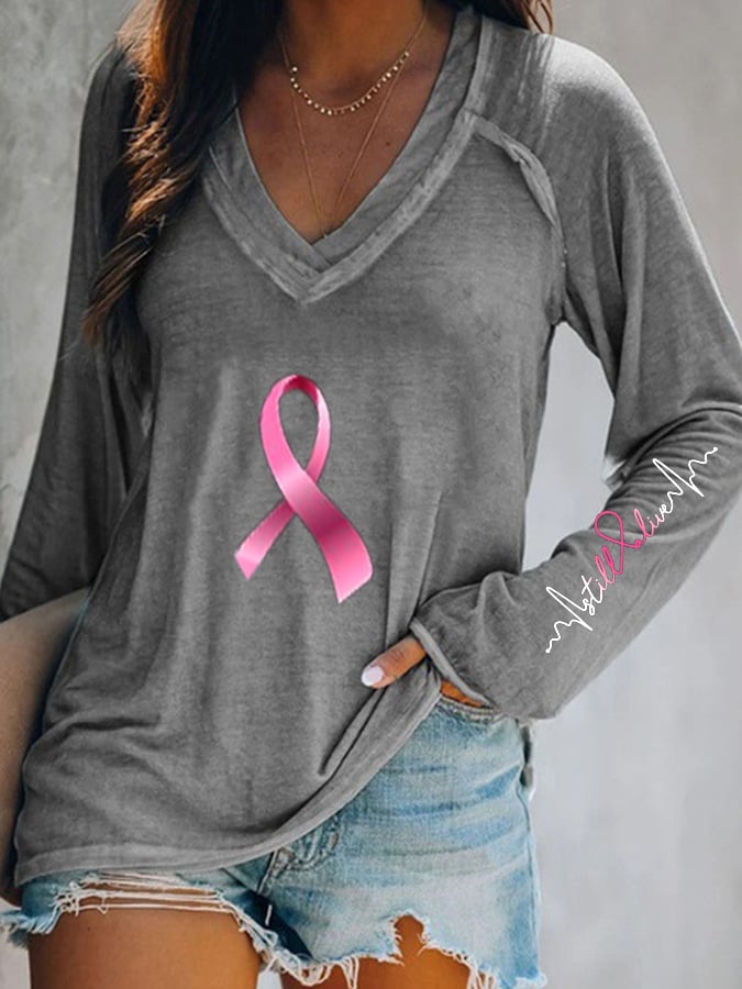 Breast Cancer Still Alive V Neck Long Sleeve Casual T-Shirt