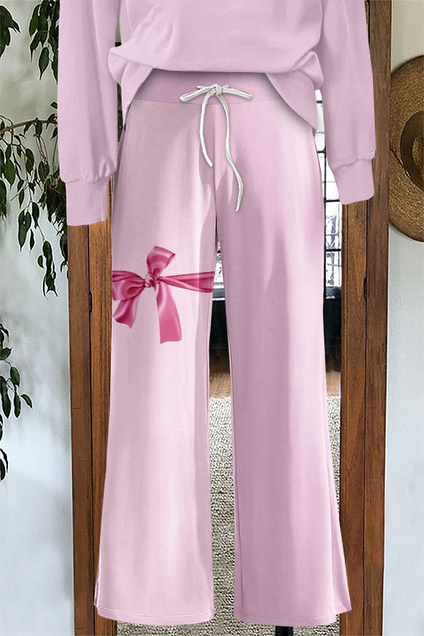 Sweet Bow Print Wide Leg Pants