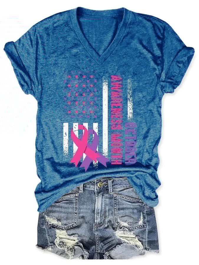 V-neck Women October Breast Cancer & Domestic Violence Awareness Month T-Shirt