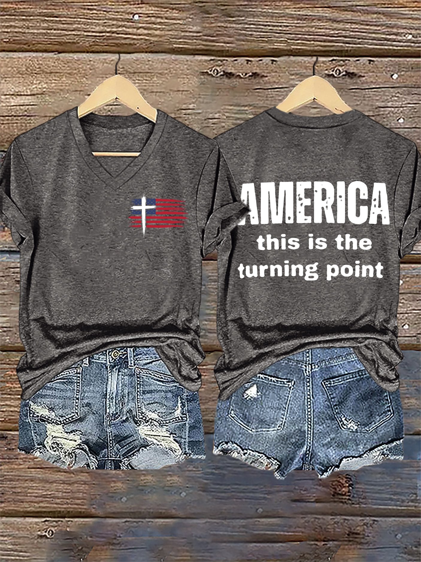 V-Neck Retro Faith Flag Cross America This Is The Turning Point Print T-Shirt