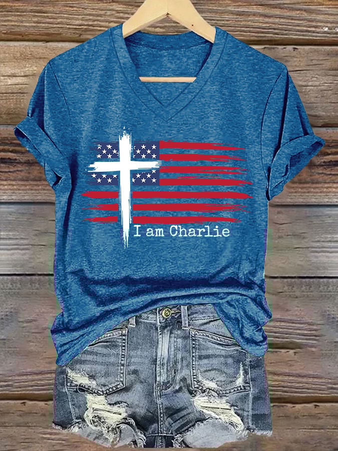 V-Neck Retro Faith Flag Cross I Am Print T-Shirt