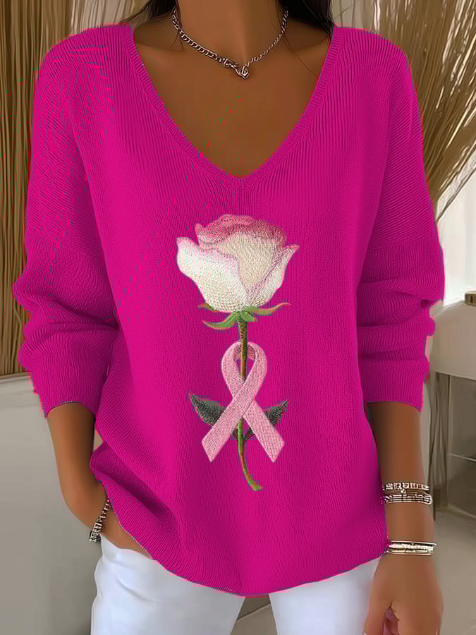 Women's Casual Breast Cancer Awareness Print Long Sleeve T-Shirt