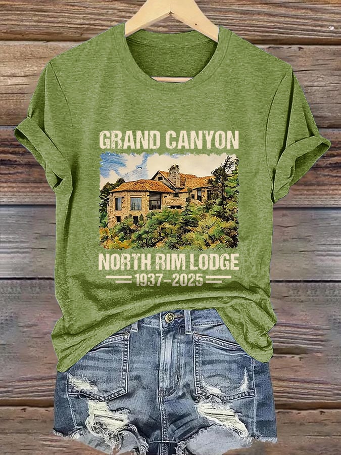 Retro Grand Canyon North Rim Lodge 1937–2025 Tribute Standing Strong For Grand Canyon Wildfire Support Print T-Shirt