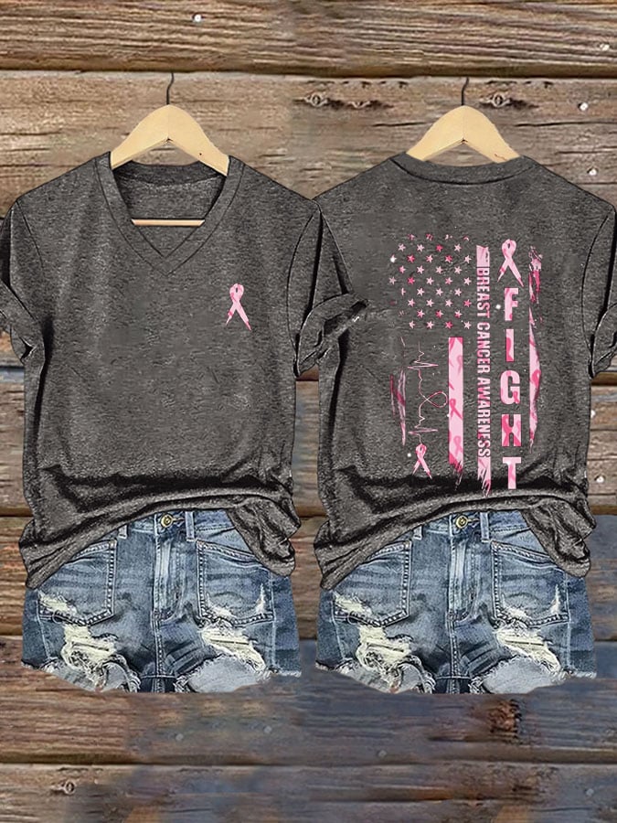 Women's Fight Breast Cancer Awareness Printed Casual V-Neck T-Shirt