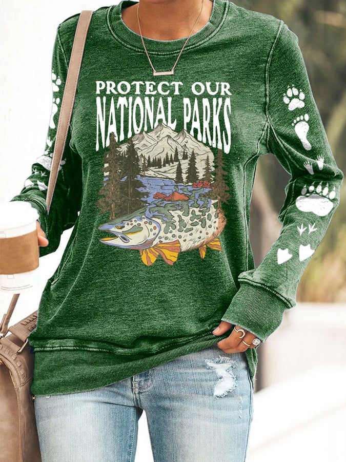 Women's Protect Our National Parks Print Round Neck Sweatshirt