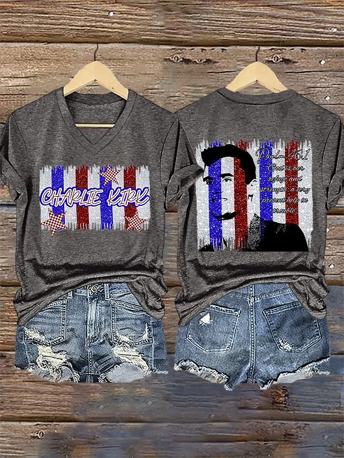 V-Neck Retro God Is Our Refuge And Strength, A Very Present Help In Trouble Print T-Shirt