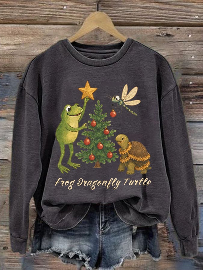 Women's Frog Dragonfly Turtle Printed Round Neck Sweatshirt